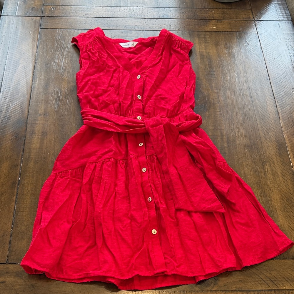 Red Summer Button Down Sleeveless Flowy Dress with Gold Accents